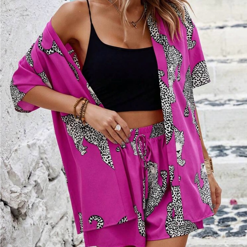 Pink Leopard Print Kimono and Shorts Set